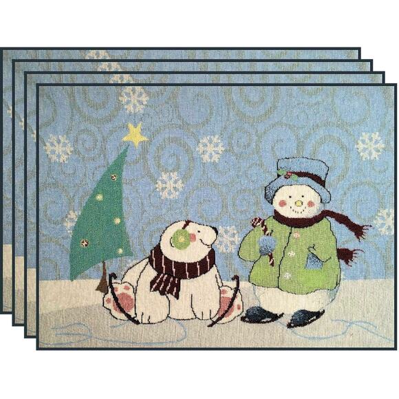 Set of 4 Christmas Holiday Snowman Placemats Arctic Blue Snowflake - NEW - Picture 3 of 5